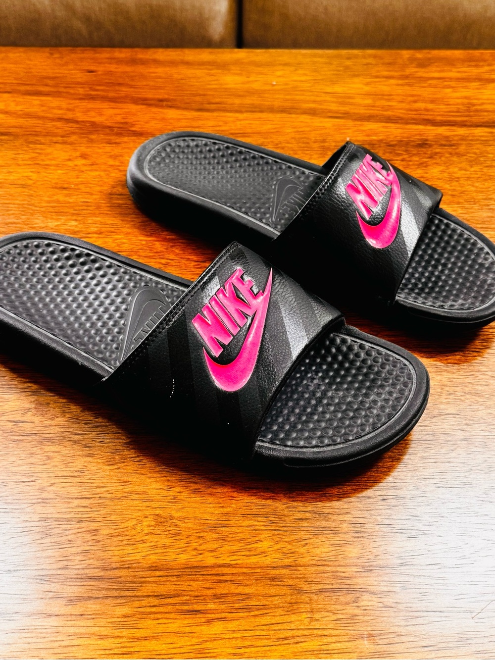 Nike Benassi JDI Slides Black Pink Logo Sandals Women’s 10